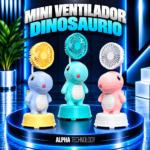 Tres mini ventiladores de dinosaurio para escritorio en colores azul, turquesa y rosa con aspas y bases a juego sobre un pedestal azul neón.