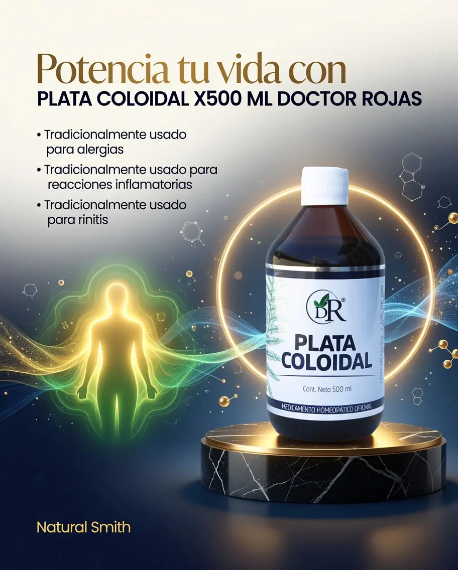 Plata coloidal líquida de 500 ml en frasco ámbar con etiqueta blanca, sobre pedestal negro de mármol con detalles dorados y fondo azul.