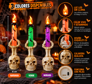 Set x2 Vela LED mano de esqueleto 21 cm decoración gótica Halloween - Ilumina tus espacios con una atmósfera misteriosa sin fuego real