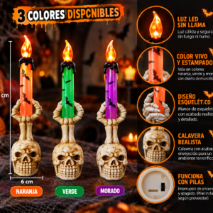 Vela LED decorativa de Halloween con base de calavera y manos de esqueleto, altura de 21 cm, disponible en colores naranja, verde y morado.