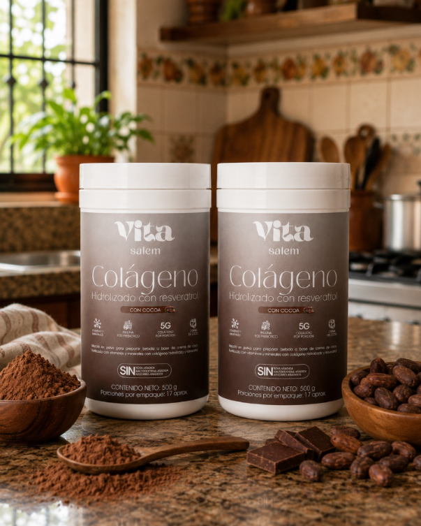 Dos envases blancos de colágeno hidrolizado con resveratrol sabor cocoa, rodeados de cacao en polvo, granos y chocolate sobre un mesón.