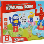 Caja de juguete eléctrico "Revolving Robot" con ilustraciones de figuras de superhéroes y personajes en patinetas con luz, música y rotación de 360 grados.