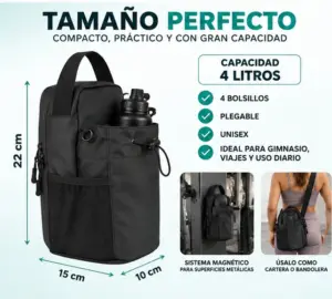 Bolso magnético para gimnasio impermeable con portabotella y bandolera - Transporta tus esenciales organizados y seguros mientras entrenas