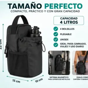 Bolso negro de 22x15x10 cm con portabotella, bolsillo de malla y sistema magnético lateral para superficies metálicas.