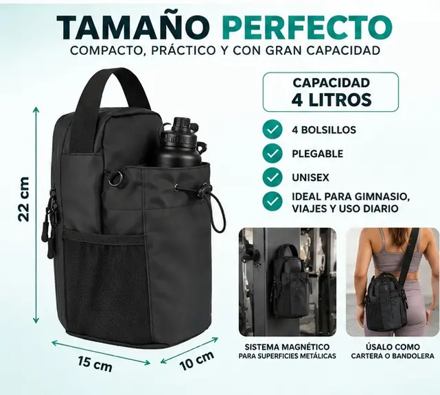 Bolso negro de 22x15x10 cm con portabotella, bolsillo de malla y sistema magnético lateral para superficies metálicas.