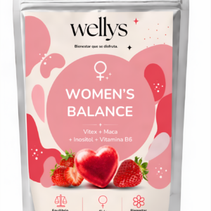 Bolsa plateada de gomitas Wellys Women's Balance sabor fresa con Vitex, Maca e Inositol para equilibrio hormonal. Presentación de 120 gomitas.