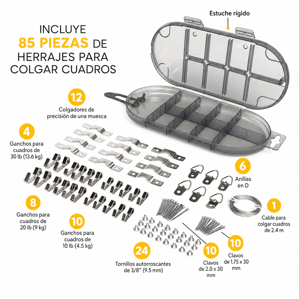 Kit de 85 herrajes para colgar cuadros con estuche organizador gris transparente, incluye ganchos, tornillos, clavos, anillas en D y cable metálico.