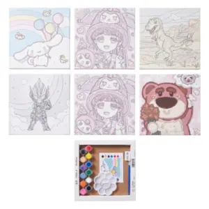 Kit de arte infantil con seis lienzos cuadrados de personajes, diez pinturas de colores, pincel y paleta blanca en su caja.