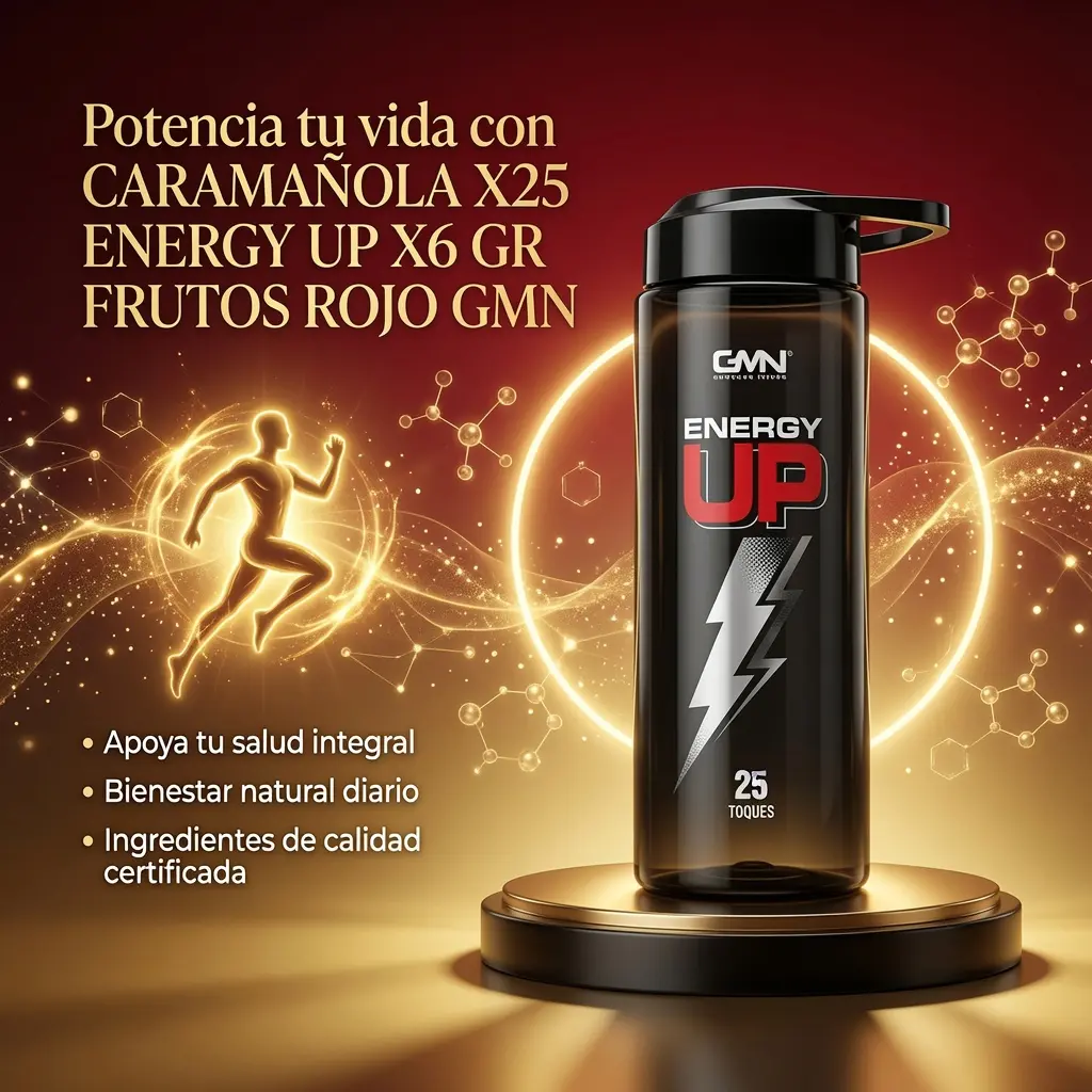 Caramañola negra ENERGY UP X25 sabor frutos rojos sobre base dorada con silueta de corredor y texto promocional.