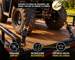Correa retractil de trinquete para carga de 3 m - Asegura equipaje y bicicletas sin enredos