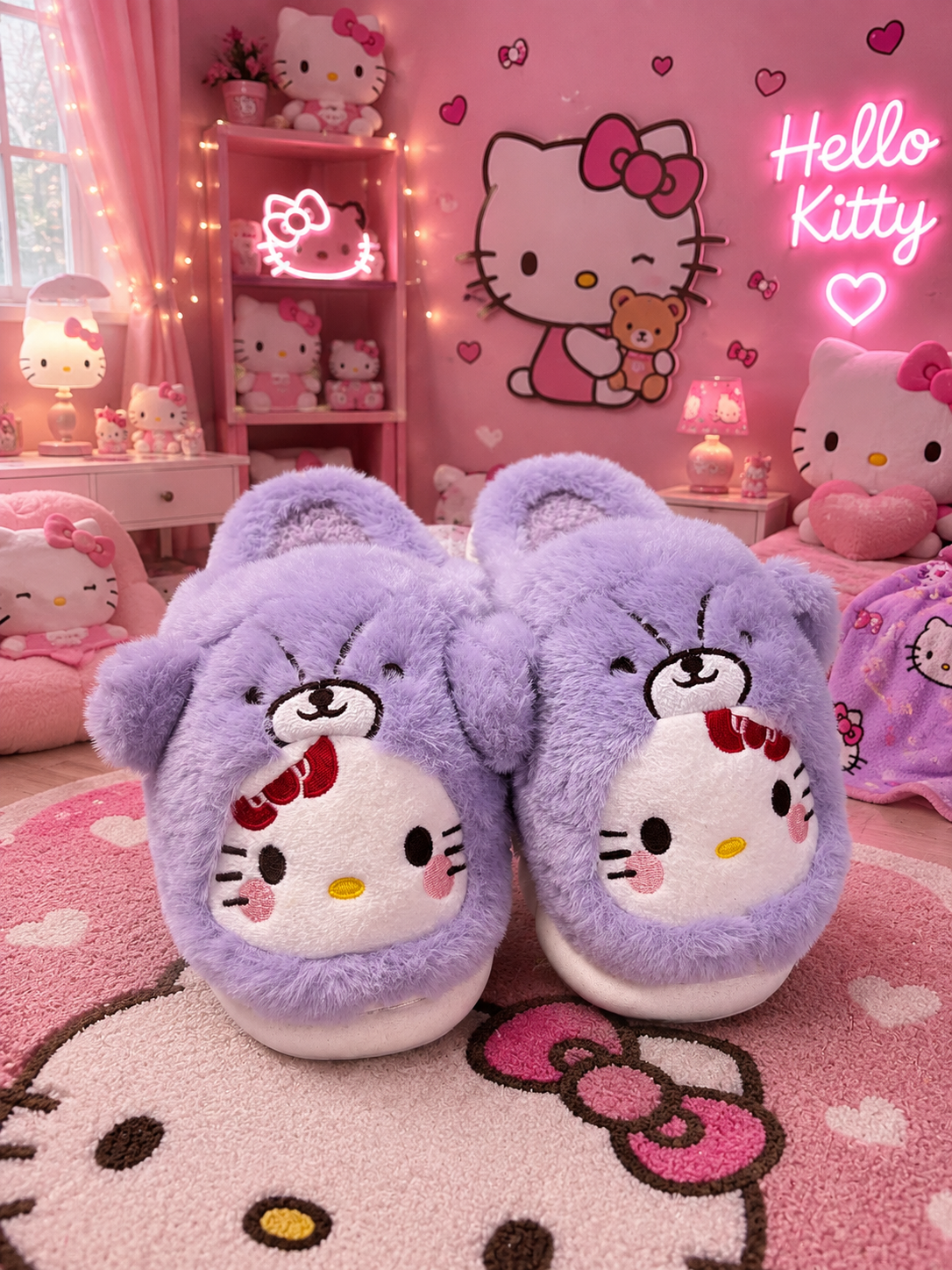 Pantuflas moradas afelpadas de Hello Kitty para mujer, diseño acolchado y cálido con oso superior, sobre alfombra rosa en habitación temática.