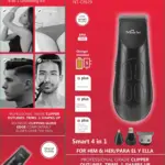 Recortador corporal negro Nano-Tec 4 en 1 con motor de 7000 RPM, indicador LED, tres cabezales intercambiables y cable de carga USB-C.