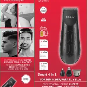 Recortador corporal negro Nano-Tec 4 en 1 con motor de 7000 RPM, indicador LED, tres cabezales intercambiables y cable de carga USB-C.