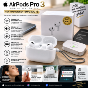 Audífonos inalambricos blancos en estuche de carga abiertos, caja de producto, cordón gris y pantalla mostrando traducción en tiempo real.