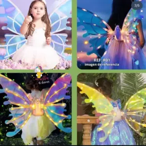Alas de hada con luces LED para niñas en cuatro modelos de colores: azul, morado, multicolor y amarillo, ideales para disfraces de fiesta.