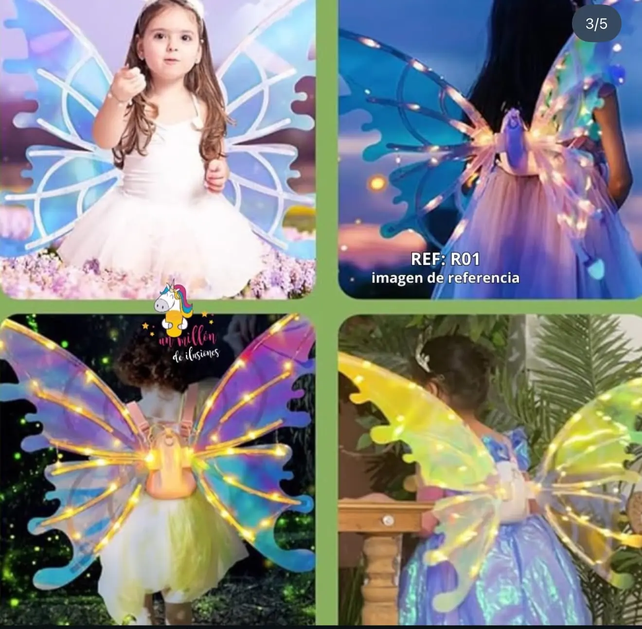 Alas de hada con luces LED para niñas en cuatro modelos de colores: azul, morado, multicolor y amarillo, ideales para disfraces de fiesta.
