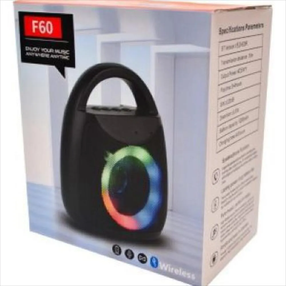 Parlante Bluetooth portátil F60 con luces LED RGB y manija - ambienta tus reuniones al aire libre con sonido potente
