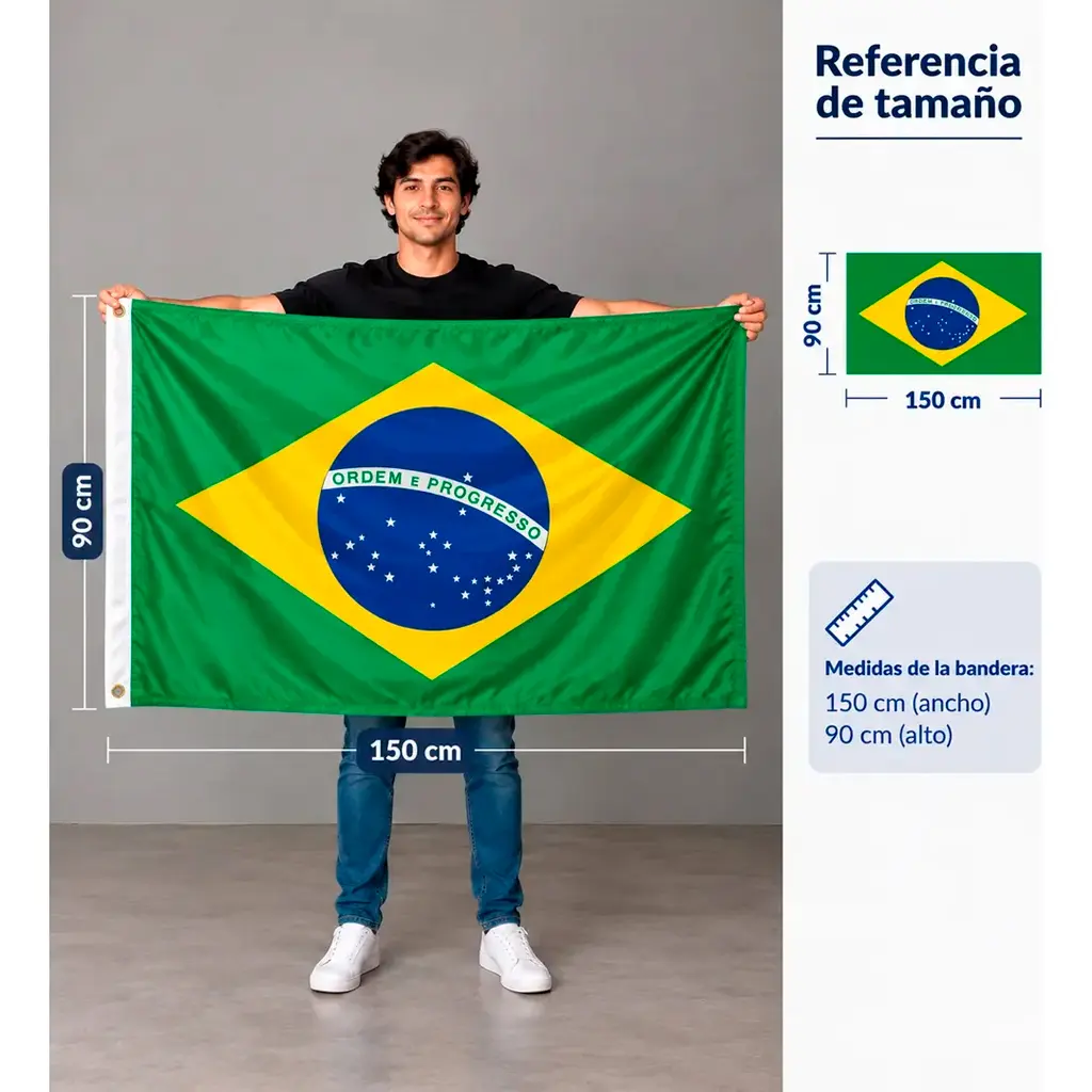 Hombre sosteniendo bandera de Brasil de poliéster color verde y amarillo de 150x90 cm con ojales metálicos para exterior.