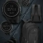 Set deportivo negro de edición limitada que incluye reloj digital resistente y mochila acolchada amplia.
