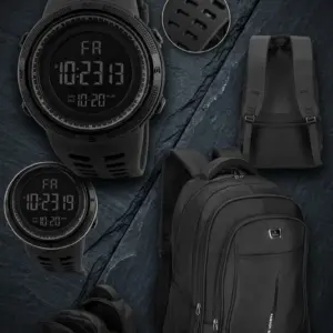 Set deportivo negro de edición limitada que incluye reloj digital resistente y mochila acolchada amplia.