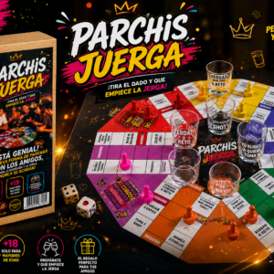 Juego de mesa Parchís Juerga de neopreno con tablero multicolor, caja de cartón, dados y vasos de chupito para adultos.
