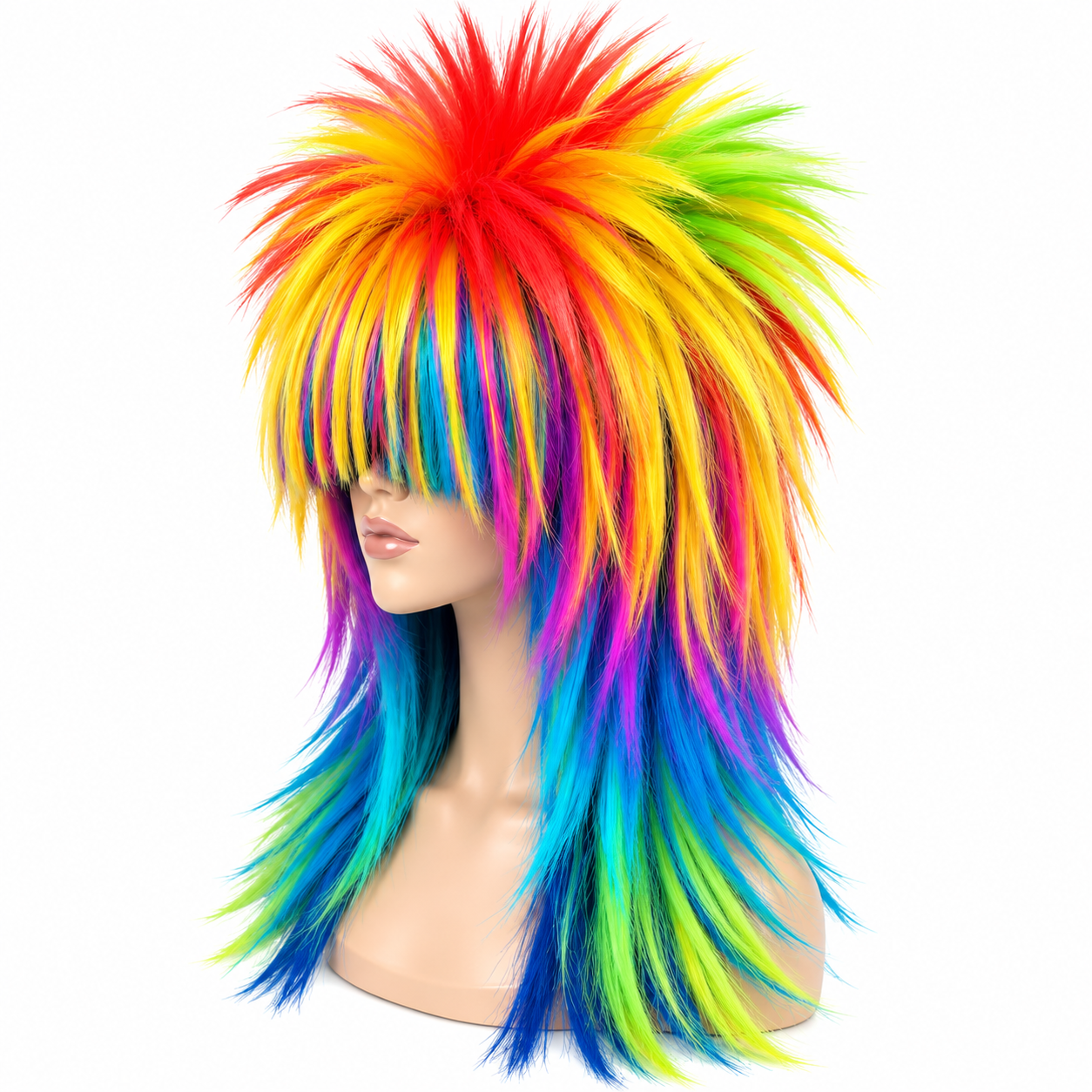 Peluca larga de fantasía multicolor, estilo capas desordenadas y flequillo cubriendo los ojos, sobre maniquí para cosplay y Halloween.