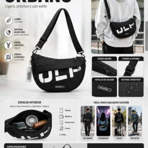 Bolso crossbody negro con logo ULP blanco, correa ajustable, material resistente, medidas 25x17x5 cm, diseño compacto y ligero para uso urbano.