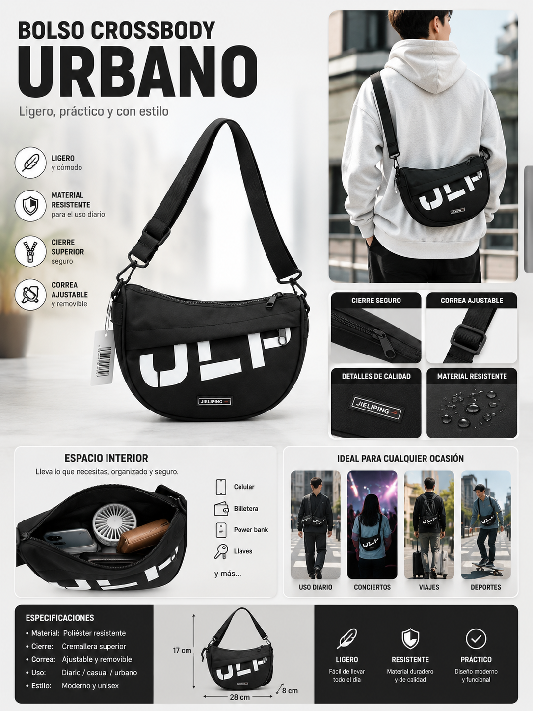 Bolso crossbody negro con logo ULP blanco, correa ajustable, material resistente, medidas 25x17x5 cm, diseño compacto y ligero para uso urbano.