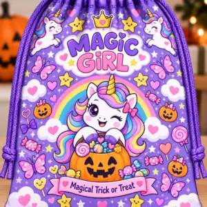 Mochila morada de cordones con diseño infantil de unicornios mágicos, calabazas de Halloween, arcoíris y dulces para recolección segura de golosinas.
