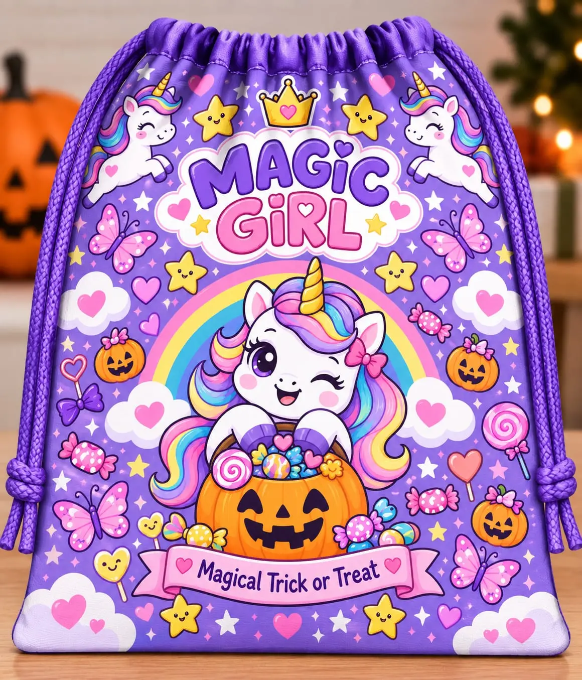 Mochila morada de cordones con diseño infantil de unicornios mágicos, calabazas de Halloween, arcoíris y dulces para recolección segura de golosinas.