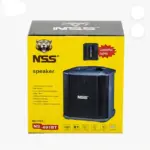 Caja amarilla y negra de parlante portátil Bluetooth con de tigre, modelo NS-691BT y diseño de altavoz oscuro con luces LED coloridas.