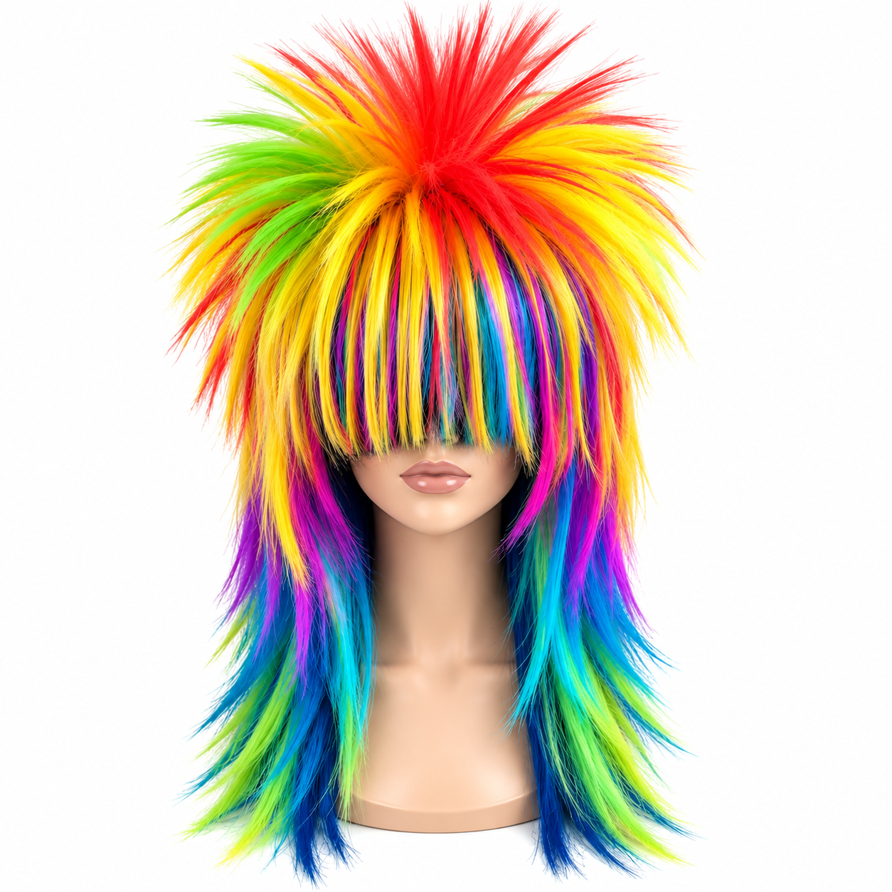 Peluca multicolor larga de fantasía para cosplay con corte desmechado y flequillo recto que cubre los ojos, colores vibrantes como rojo, amarillo, verde, azul y morado sobre maniquí.