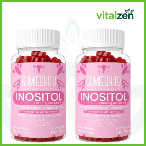 Doble frasco de gomitas masticables de inositol Vitalzen de 180 gramos con etiqueta rosa y tapa blanca sobre fondo claro.