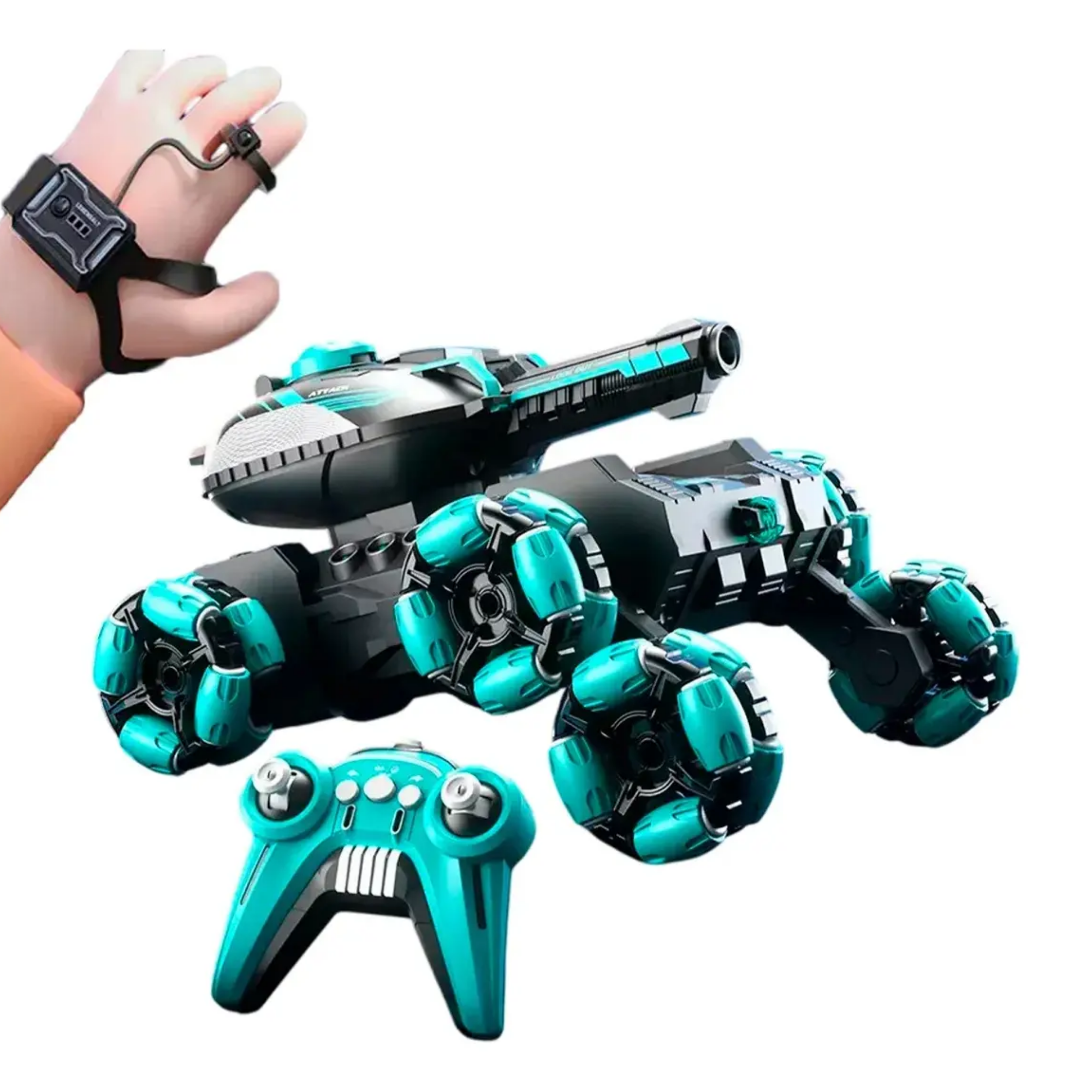 Tanque todoterreno negro y turquesa con cañón, mando inalámbrico turquesa y sensor de control por gestos para la mano.