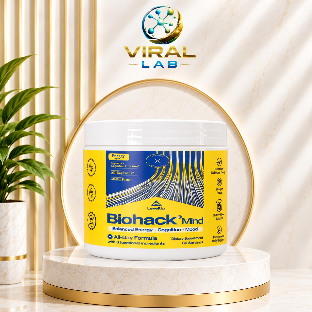 Suplemento en polvo Biohack Mind, lata amarilla y azul de 60 porciones sobre base de mármol con planta al fondo.
