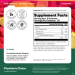 Etiqueta de gomitas de fibra sabor frambuesa y limón Physician's Choice, muestra tabla nutricional, 60 unidades, fórmula vegana y libre de alérgenos.