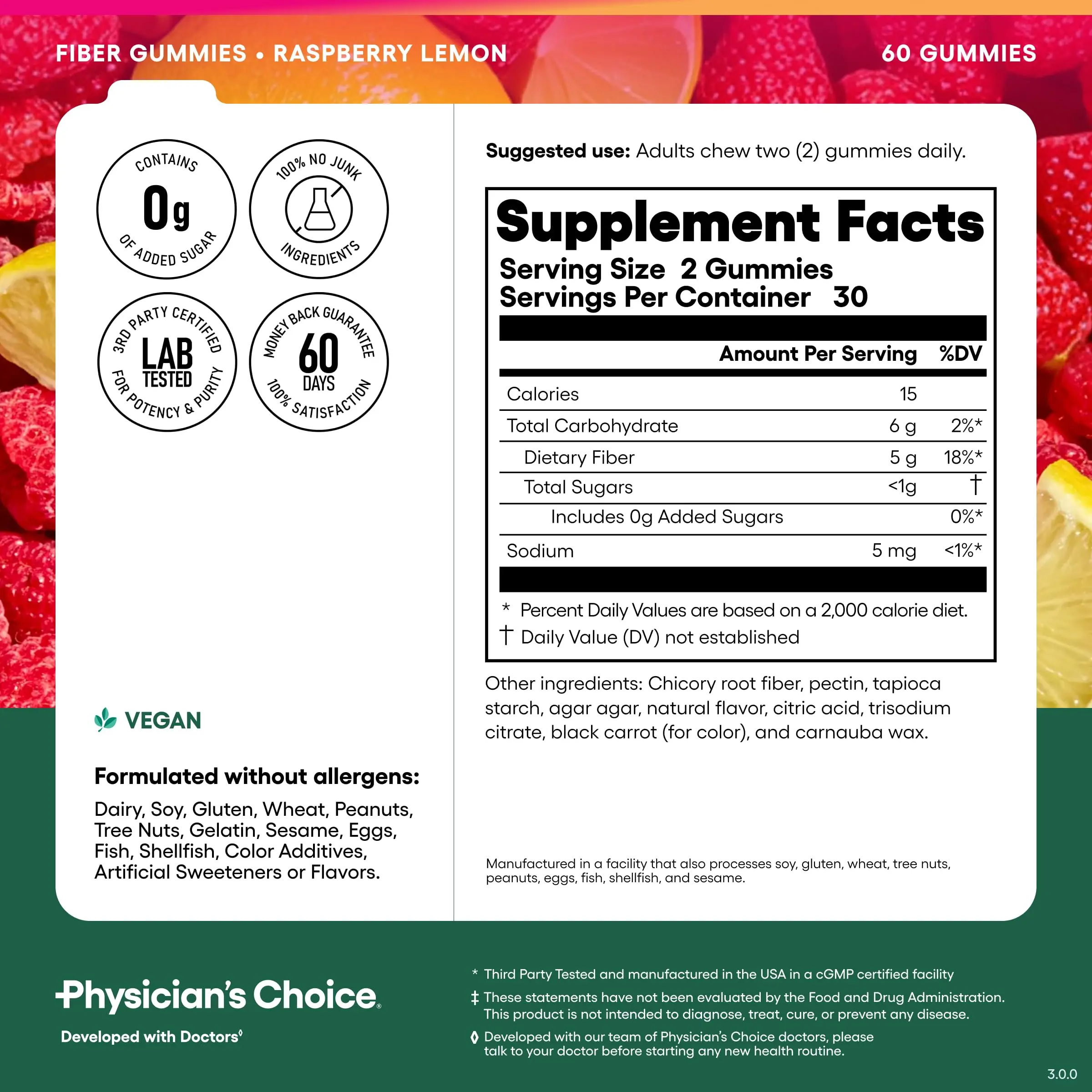 Etiqueta de gomitas de fibra sabor frambuesa y limón Physician's Choice, muestra tabla nutricional, 60 unidades, fórmula vegana y libre de alérgenos.
