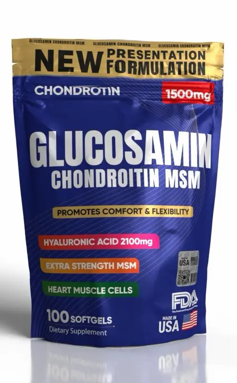 Bolsa azul de Glucosamin Chondroitin MSM, 100 cápsulas blandas con condroitina 1500mg y ácido hialurónico para flexibilidad articular.