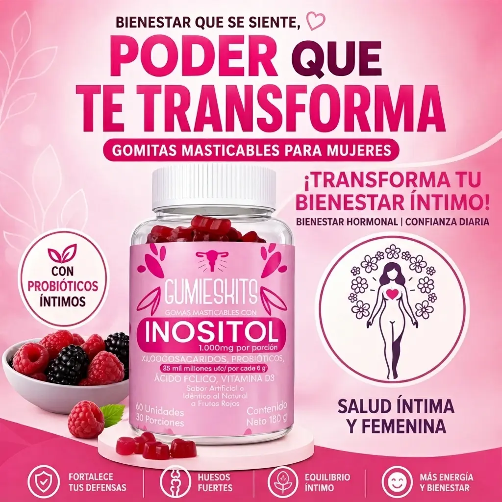 Frasco de gomitas masticables rosadas con inositol, probióticos y ácido fólico, rodeado de frutos rojos sobre base blanca y fondo rosa.
