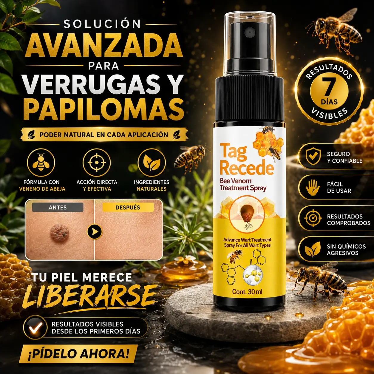 Spray Tag Recede de 30ml con veneno de abeja para verrugas y papilomas, con fondo de miel y panales y comparativa de piel antes y después.
