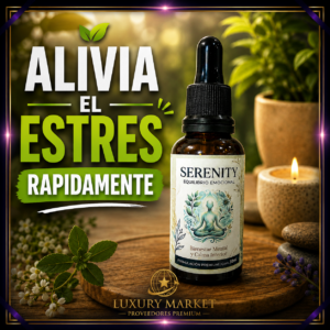 Frasco ámbar de 30 ml de gotas Serenity con gotero, rodeado de plantas, piedras y una vela sobre madera en un ambiente de bienestar y calma.