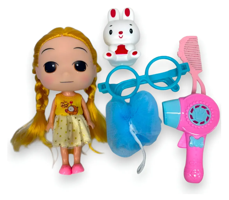 Muñeca rubia de 17 cm con bañera azul, secador y peine rosas, gafas azules y un conejo blanco para juego de higiene personal.