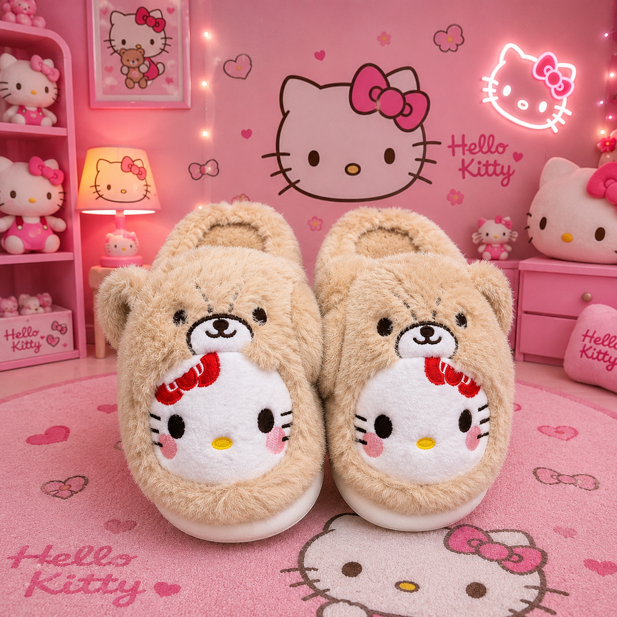 Pantuflas peludas beige para mujer de Hello Kitty con oso marrón y lazo rojo, sobre alfombra rosada en habitación temática.