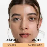 Comparación de rostro de mujer antes y después de aplicar corrector tono 500 Sand Creamy que cubre ojera y unifica la piel