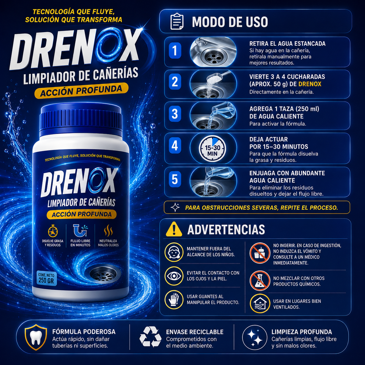 Limpiador de cañerías Drenox de 250g en envase azul. Muestra instrucciones de uso con agua caliente y advertencias de seguridad.