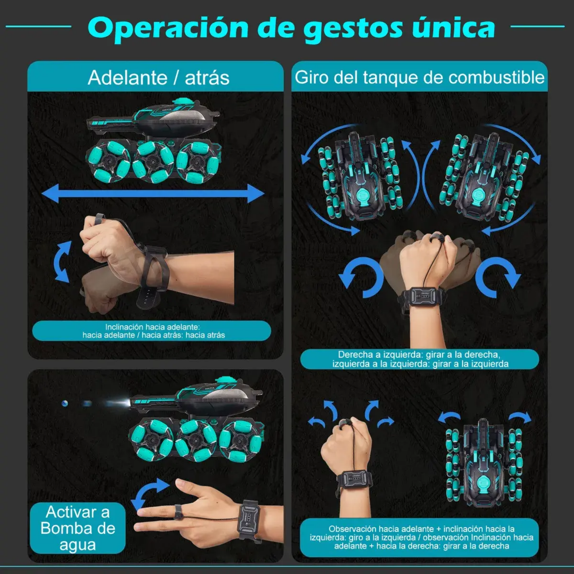 Carro todoterreno negro con detalles turquesa y ruedas mecanum, operado mediante pulsera con control de gestos para movimiento y disparo de agua.