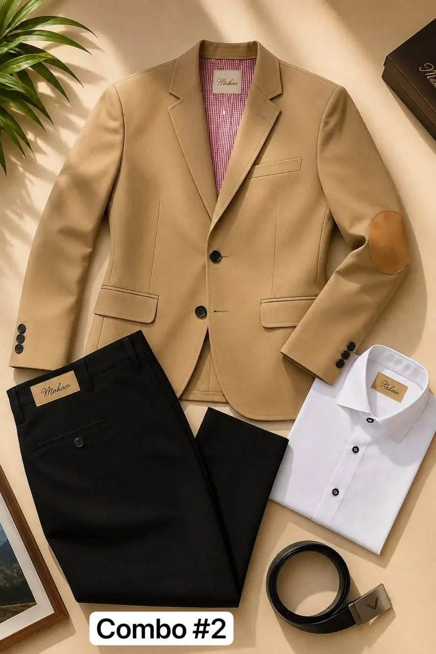 Combo infantil elegante: blazer caqui con coderas, pantalón negro, camisa blanca y correa.