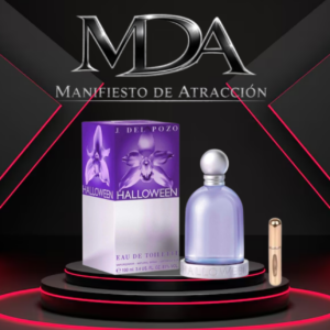Perfume Halloween Eau de Toilette 100 ml de J. del Pozo en envase morado y plateado, acompañado de caja y atomizador portátil sobre base iluminada.
