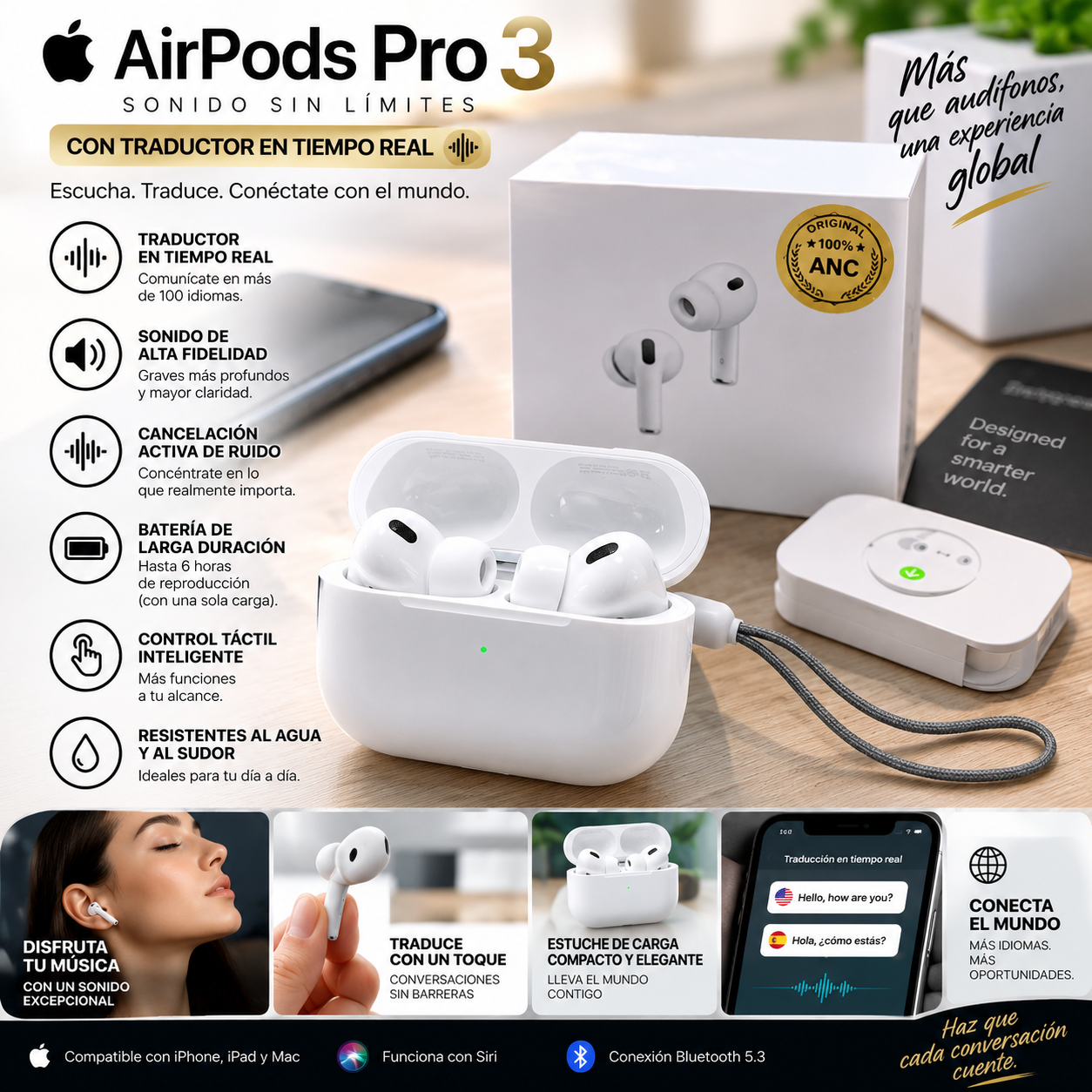 Audífonos Inalámbricos AirPods Pro 3 con Traducción Simultánea y Cancelación de Ruido - Disfrutas música y llamadas claras sin distracciones