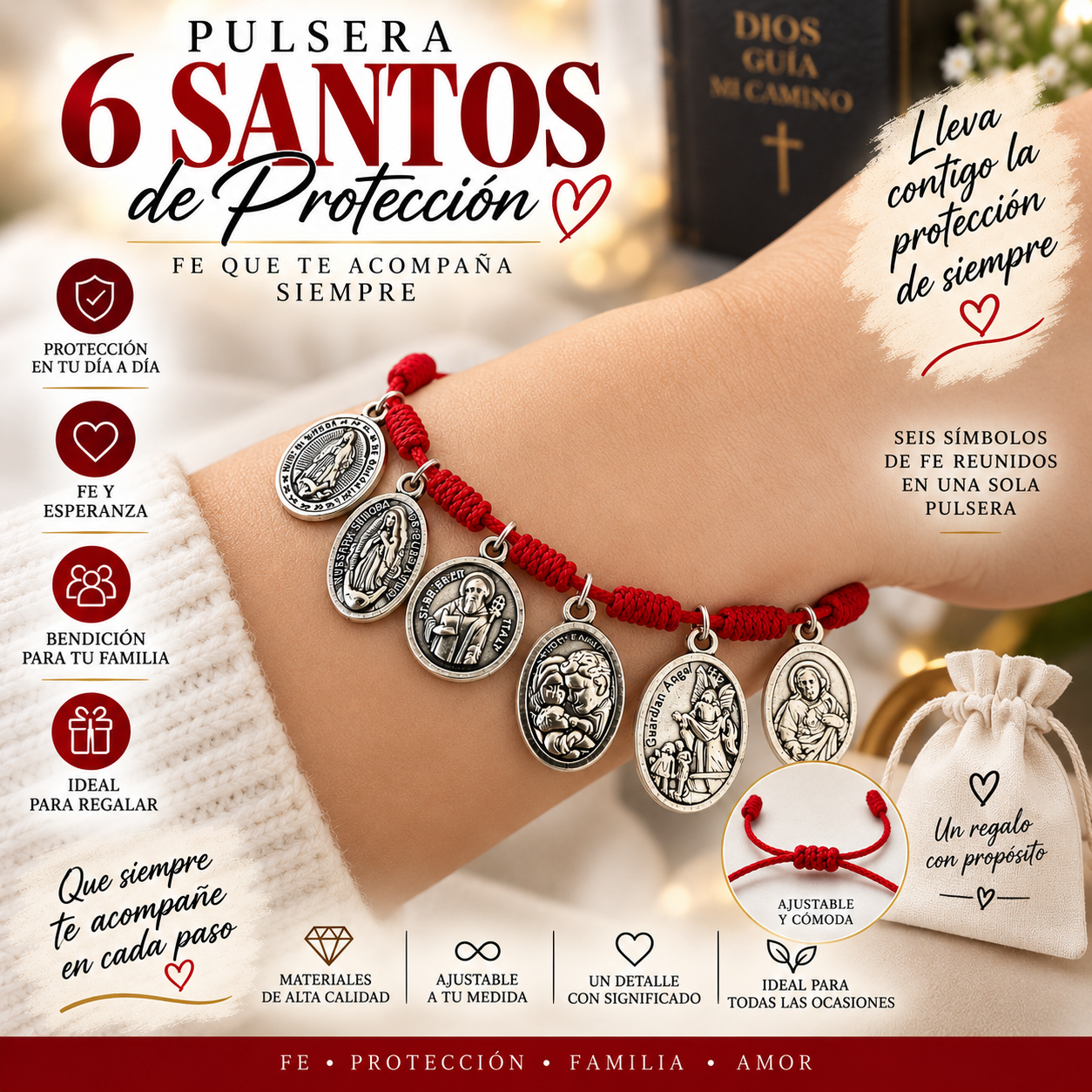 Pulsera de hilo rojo con medallas de 6 santos protectores para hombre y mujer - Lleva siempre contigo un símbolo de fe y protección espiritual